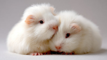 Two fluffy white guinea pigs snuggle closely together on a soft neutral surface, embodying the essence of friendship and comfort in a cozy atmosphere.の素材