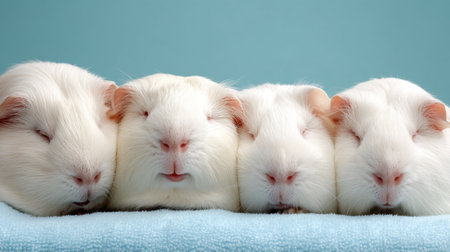 This heartwarming stock photo showcases four adorable white guinea pigs resting closely together on a soft blue blanket, exuding tranquility and charm.の素材