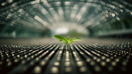 A vibrant green seedling stands resiliently on a textured surface, surrounded by captivating bokeh lights that symbolize hope and growth in nature.の素材
