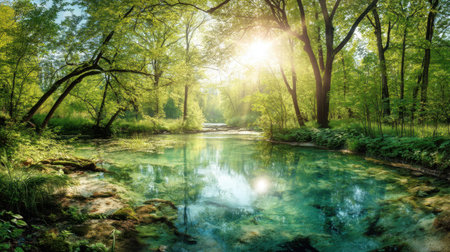 A picturesque forest scene with sunlight filtering through lush trees, casting reflections on a serene water body, creating a tranquil atmosphere.の素材