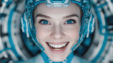 This striking close-up portrait features a smiling woman in a futuristic helmet against a bright blue background, capturing a sense of joy and innovation.の素材
