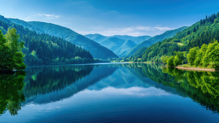 Experience the serene beauty of a tranquil mountain lake reflecting lush green forests and scenic hills under a bright blue sky. Perfect for nature lovers.の素材