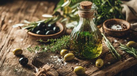 Beautiful glass bottle of olive oil surrounded by fresh olives and herbs on a rustic wooden table. Ideal for culinary and lifestyle photography.の素材