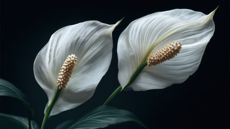 Discover the beauty of elegant white flowers with smooth petals and creamy stamen set against a dark background, perfect for floral dの素材