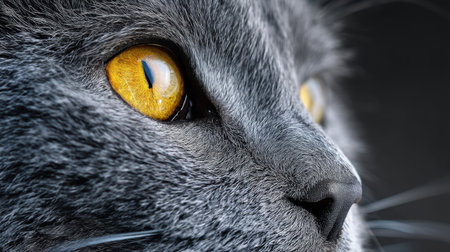 This close-up portrait captures the stunning features of a gray cat with piercing yellow eyes. The soft fur and intricate details showcase the beauty and curiosity of this feline. Ideal for feline lovers and animal photography.の素材