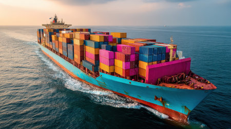 A large container ship loaded with vibrant cargo boxes navigates through tranquil ocean waters during a stunning sunset, exemplifying global trade.の素材