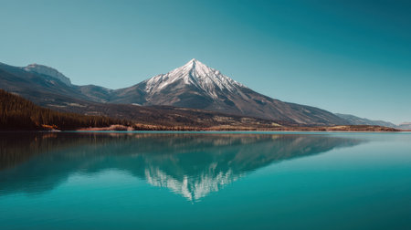 A breathtaking view of a snow-capped mountain towering over a calm, crystal-clear lake, reflecting the stunning scenery under a vibrant blue sky.の素材