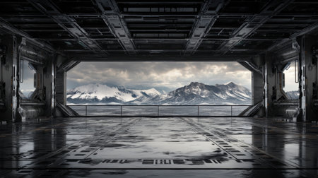 A stunning futuristic interior showcases a wide window with an incredible view of snow-capped mountains. The sleek design and dramatic lighting enhance the ambiance of this breathtaking scene.の素材