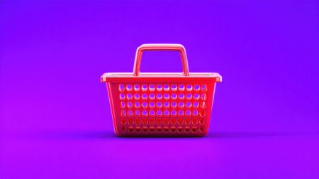 A bright red shopping basket stands against a vibrant purple background, showcasing a minimalist design perfect for retail and e-commerce themes.の素材