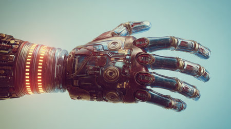 This detailed image features a futuristic robotic hand with intricate mechanical components, symbolizing innovation and advanced technology.の素材