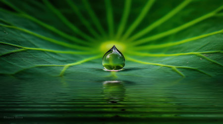 A stunning close-up photograph of a dew drop perched on a vibrant green leaf, showcasing intricate details and a serene reflection, embodying nature's elegance.の素材