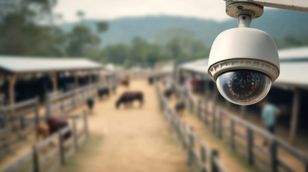 A security camera is positioned prominently at a livestock farm, providing surveillance over cattle and rural operations. The peaceful farm environment reflects a blend of technology and nature.の素材