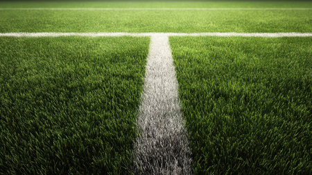 This image captures a vibrant green sports field with crisp white line markings on grass under bright natural light, ideal for sports-related themes.の素材