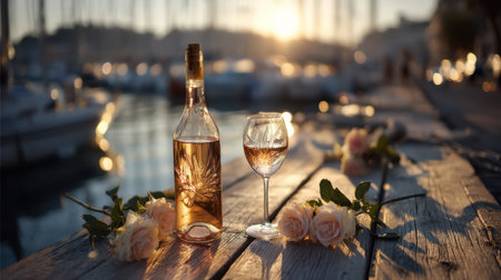 A serene evening scene featuring a wine bottle and glass, adorned with delicate roses, on a wooden pier by the water, capturing romance and tranquility.の素材