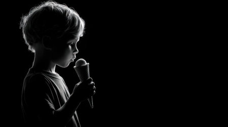 A captivating black and white silhouette of a young child holding an ice cream cone, set against a stark dark background, evoking simplicity and joy.の素材
