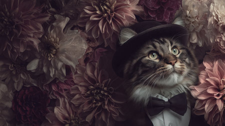 This stunning image features a charming cat dressed in formal attire, elegantly posed among a vibrant array of flowers. The soft fur and captivating eyes create a delightful mix of grace and character, making it an ideal visual for pet lovers and floral art enthusiasts alike.の素材