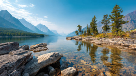 A breathtaking view of a serene mountain lake, featuring clear reflections of trees and rocky shores under a vast blue sky. Perfect for nature lovers.の素材