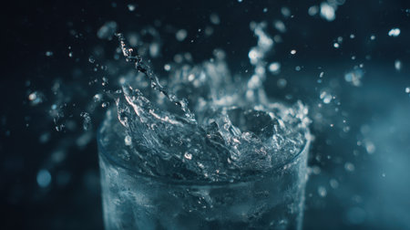 This striking image captures the dynamic moment of water splashing from a glass, showcasing beautiful droplets in a dark setting.の素材