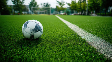 A vibrant soccer ball lies on a lush green turf field, showcasing vibrant grasses and a clear white line, surrounded by trees. Perfect for any sports theme.の素材