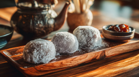 Discover a beautiful display of traditional Asian desserts featuring mochi balls dusted with powder, served with sweet red bean paste and tea.の素材