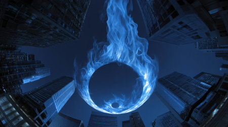 A mesmerizing urban scene featuring a blue flame circle hovering above towering skyscrapers, creating a striking backdrop of modern architecture.の素材