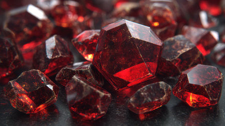Gorgeous display of sparkling garnet crystals in vivid red color over a dark background, perfect for showcasing natural beauty and elegance in design.の素材