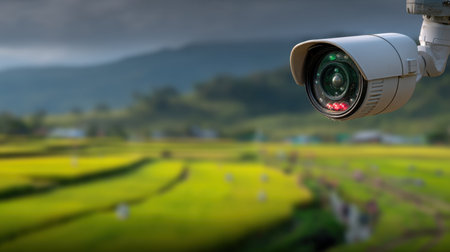 A surveillance camera captures the serene beauty of lush green rice fields, highlighting the combination of technology and agriculture in a rural landscape.の素材