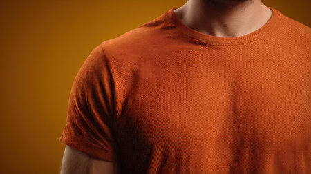 This image features a close-up of a male chest in a vibrant orange t-shirt set against a warm yellow background, capturing a relaxed and stylish vibe.の素材