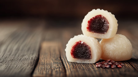 Discover the charm of traditional Japanese mochi, showcasing its soft texture and delightful red bean filling against a rustic wooden backdrop.の素材