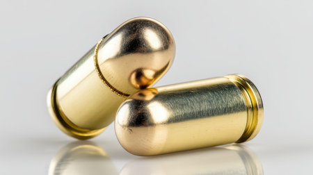 A close-up view of two shiny metallic bullet cartridges displaying intricate details and reflections against a plain backdrop. Perfect for illustrative purposes.の素材