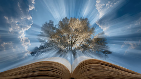 A captivating image of an open book with a tree emerging from its pages, illuminated by vibrant sunlight against a blue sky with clouds.の素材