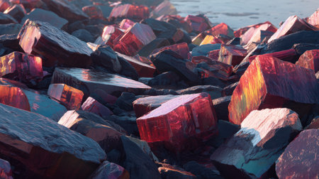 A captivating arrangement of colorful crystals showcases their shiny surfaces and vibrant hues in a natural landscape setting, highlighting their beauty.の素材