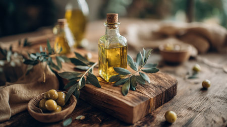 Captivating image showcasing an elegant bottle of olive oil on a wooden board, surrounded by green olives and fresh olive leaves, creating a serene, natural atmosphere.の素材
