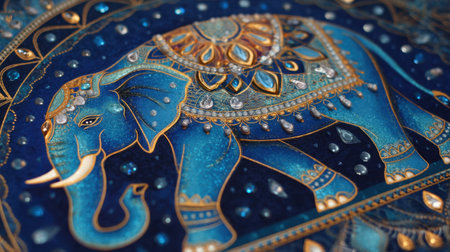 Discover a beautiful artwork featuring a vibrant blue elephant adorned with intricate details and sparkling accents, perfect for home decor.の素材