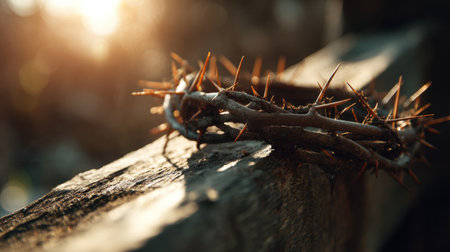A detailed close-up of a thorny crown resting on a wooden surface, illuminated by soft sunset light, conveying themes of sacrifice and reflection in a serene natural setting.の素材