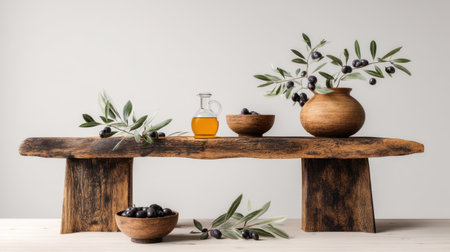 A beautiful composition featuring a rustic wooden table adorned with olives, olive oil, and delicate pottery elements, embodying a serene and organic Mediterranean aesthetic.の素材