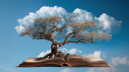 This image captures a majestic tree growing from an open book, symbolizing the connection between nature and knowledge, all under a bright blue sky.の素材