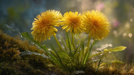 A captivating close-up of three bright yellow dandelions thriving amid lush greenery, glistening with dew droplets in a serene natural setting.の素材
