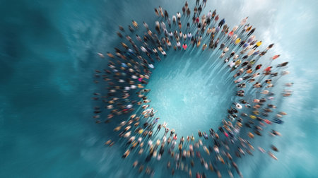 This striking aerial image captures a diverse crowd forming a circle around a serene blue water body in a tropical setting, showcasing unity and leisure.の素材