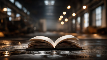 This captivating image features an open book resting on a table in a dimly lit warehouse. The warm light creates a serene atmosphere, perfect for reading or reflection.の素材
