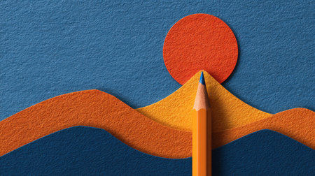 This vibrant illustration features a mountain landscape created with textures and colors, showcasing a pencil at the forefront. Perfect for art and design.の素材