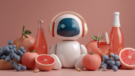 A charming robot with headphones sits amid fresh fruits and beverages, creating a playful and vibrant atmosphere perfect for digital designs.の素材
