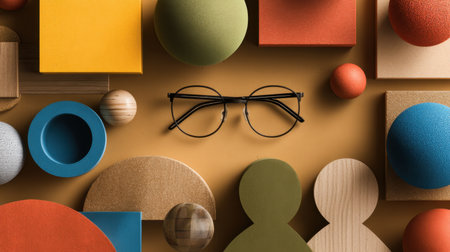 This image features an artistic arrangement of vibrant geometric shapes and eyeglasses on a brown surface, perfect for creative and design concepts.の素材