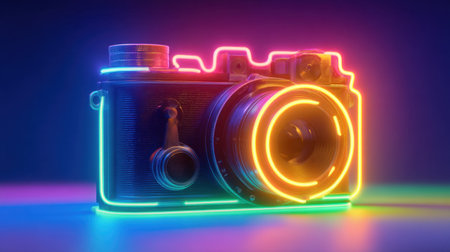 This vibrant neon camera illustration features bright colors and artistic effects, ideal for creative projects, decorations, or digital artwork.の素材