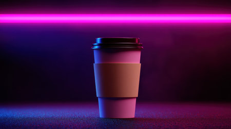 A visually striking coffee cup set against a vibrant neon background, creating a cozy yet modern atmosphere perfect for a variety of creative projects.の素材
