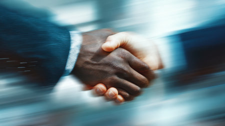 A close-up view of two hands engaged in a handshake, conveying themes of partnership and collaboration with a dynamic blurred background.の素材