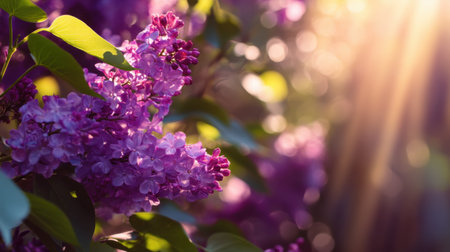 A captivating display of purple lilac flowers in a sunlit garden setting, featuring a soft bokeh effect and warm natural light. Perfect for nature themes.の素材