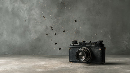 This artistic image portrays a vintage camera amidst flying debris, set against a dark textured background, highlighting creativity and nostalgia in photography.の素材