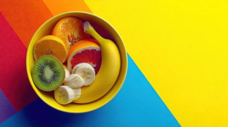 A vibrant bowl filled with fresh fruits like banana, kiwi, orange, and grapefruit sits against a bright yellow and blue background. Perfect for healthy eating visuals.の素材