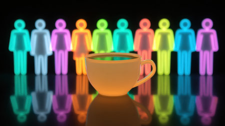 A striking image featuring a vibrant yellow coffee cup set against colorful neon silhouettes of people, reflecting on a sleek surface.の素材